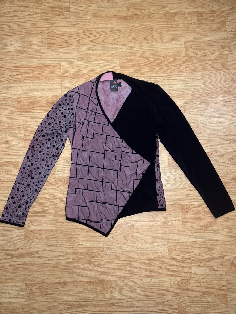Anac Pink & Black Polka Dot Mesh Top Abstract Y2K Long Sleeve